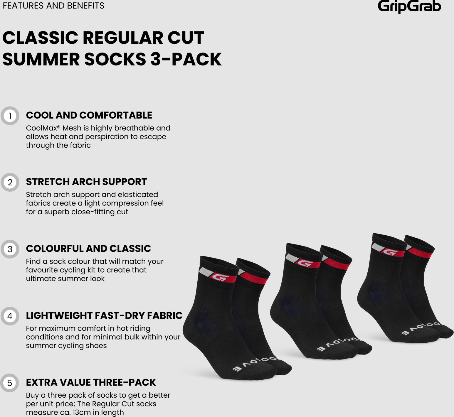 Chaussettes vélo d'été GripGrab Classic, pack de 3