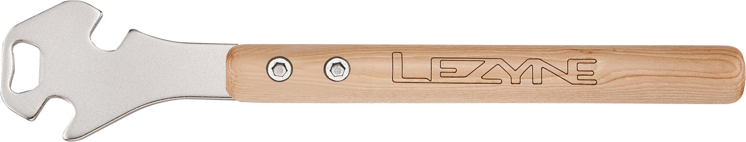 Lezyne pedal wrench with wooden handle and integrated bottle opener