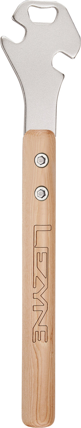 Lezyne pedal wrench with wooden handle and integrated bottle opener