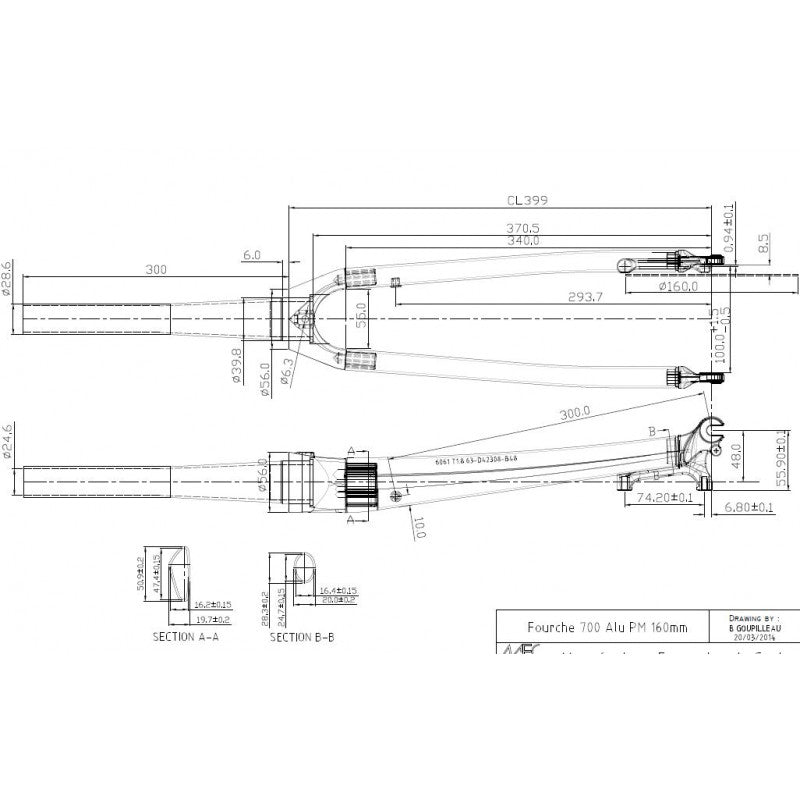 Fourche aluminium EXS pour vélo de route à disque et pivot conique
