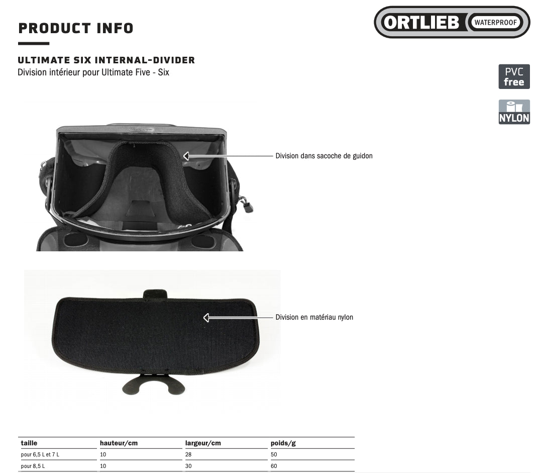 Divisorio per borsa da manubrio Ortlieb Ultimate